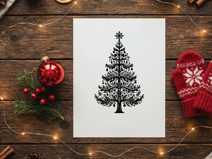 Decorative Christmas tree illustration with intricate floral patterns and star topper