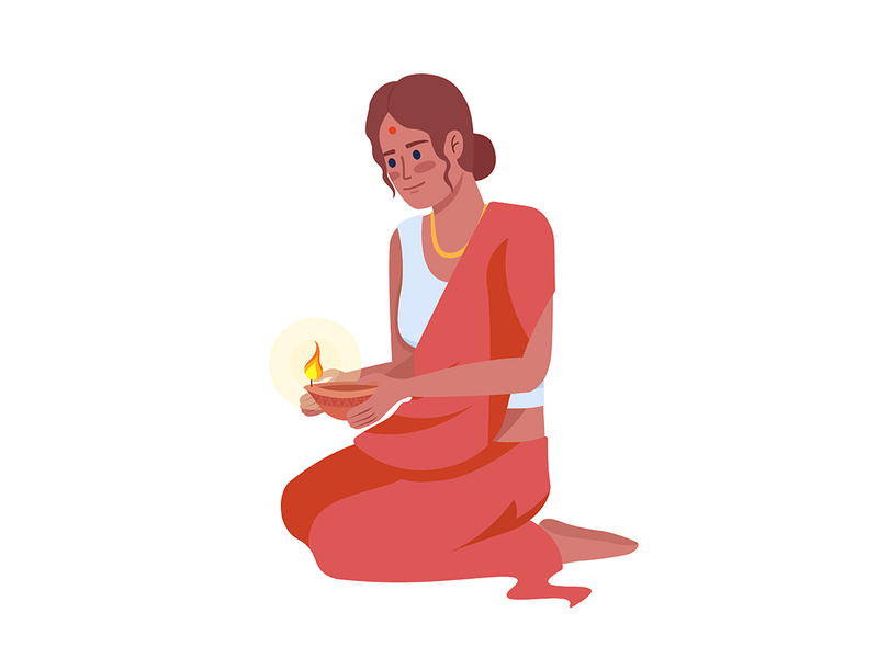 Young woman with oil lamp on Diwali semi flat color vector character