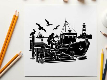 Silhouette of man by boat at dock with lighthouse and seagulls