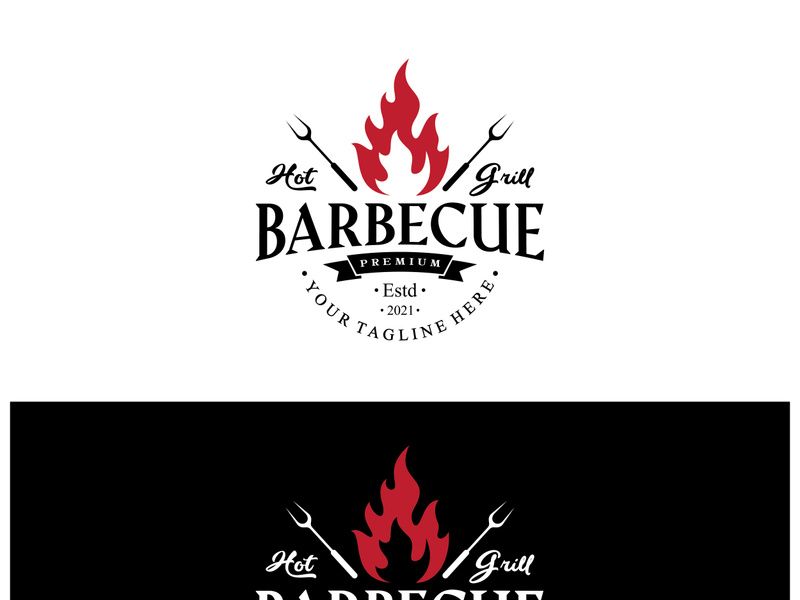 Simple Barbecue Vintage hot grill, with crossed flames and spatula. Logo for restaurant, badge, cafe and bar.vector