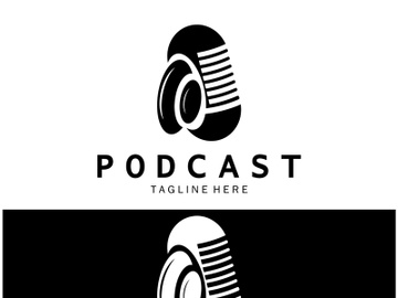 podcast logo with microphone and earphone audio, radio waves. for studio, talk show, chat, information sharing, interview, multimedia and web. preview picture