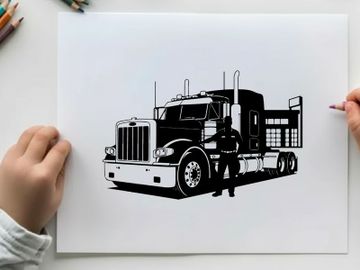 Silhouette of a man standing beside a large semi truck preview picture