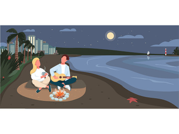 Evening picnic at sandy beach flat color vector illustration preview picture