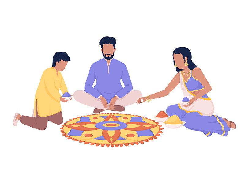 Indian family making rangoli design semi flat color vector characters