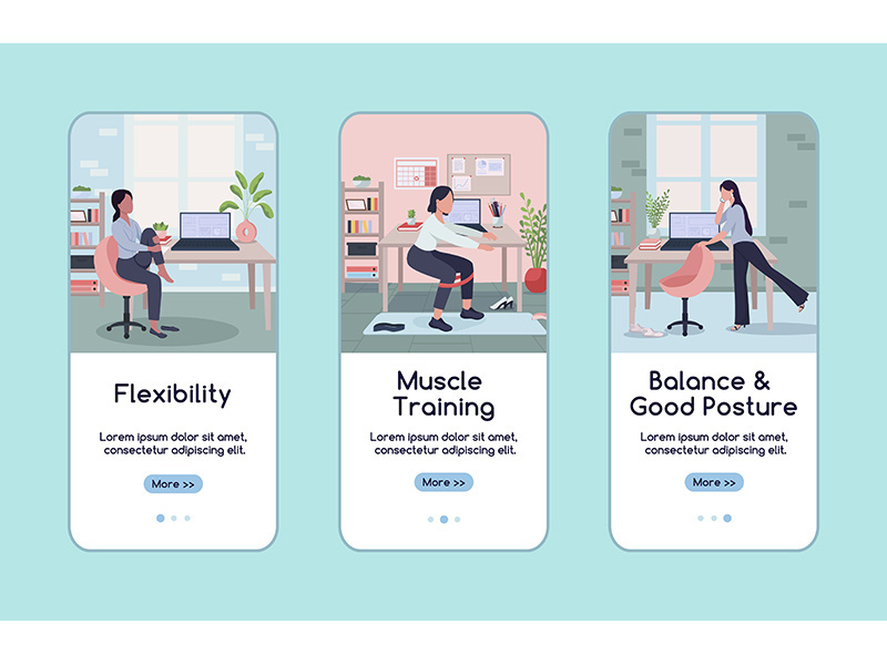 Workout in workplace onboarding mobile app screen flat vector template