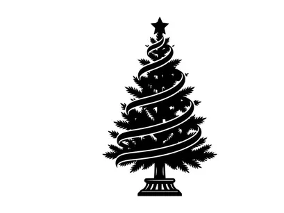 Silhouet hitam pohon Natal yang didekorasi dengan hiasan puncak bintang di latar belakang putih