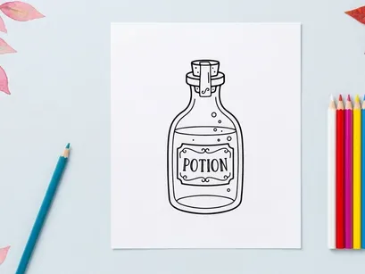 Hand-drawn potion bottle with cork stopper for magic spells. Vintage apothecary glass vial illustration for fantasy and alchemy designs.