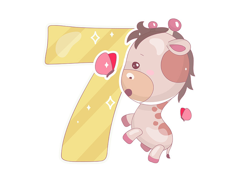 Cute seven number with baby giraffe cartoon illustration
