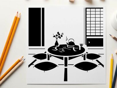 Silhouette of a minimalist japanese tea room setting