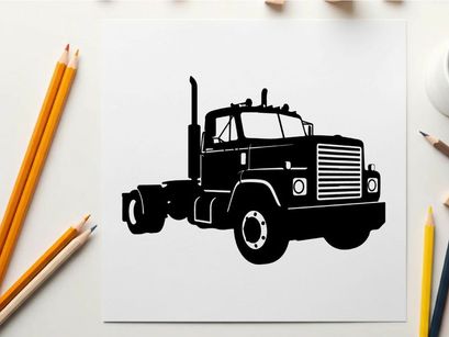 Silhouette of a large truck with a grill and exhaust pipe silhouette
