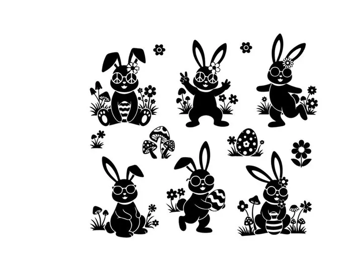 Silhouette of six adorable bunnies in flowers and butterflies