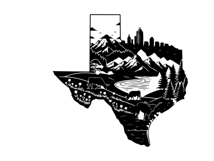 Texas silhouette landscape with mountains and cityscape