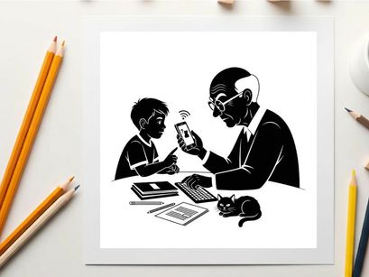 Silhouette of a man and child with a cat at a desk