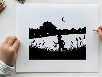 Silhouette of a child running under a crescent moon at dusk