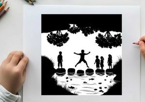 Children playing on stepping stones in silhouette