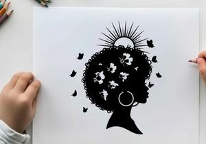 Silhouette of a woman with flowers and sun