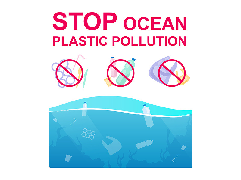 Stop plastic pollution in ocean flat concept icons set