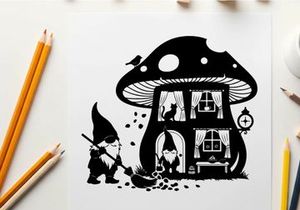 Whimsical silhouette of a gnome near a fantastical mushroom house