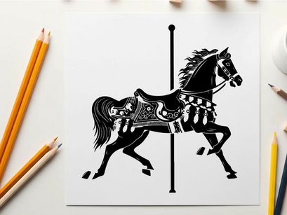 Silhouette of a decorated carousel horse in motion