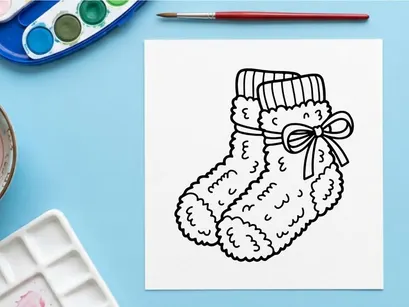 Christmas fuzzy socks line art illustration for holiday coloring book and festive decor