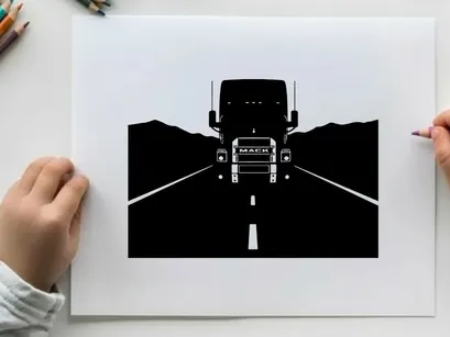 Silhouette of a large truck driving down a deserted highway at night