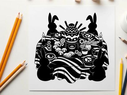 Peaceful silhouette of rabbits and symbols on table