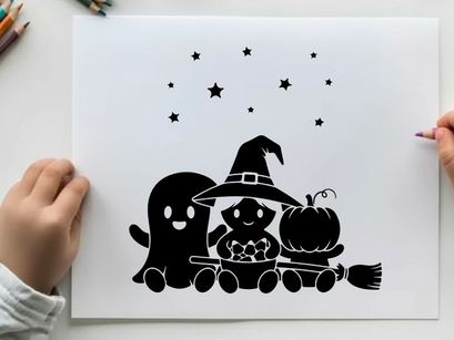 Halloween silhouette of ghost witch cat and jack o lantern on a train
