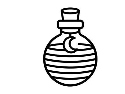 Halloween magic potion bottle icon. Witchcraft elixir flask with moon symbol graphic.