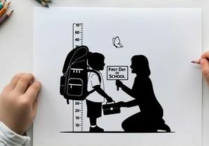 Silhouette of a child and woman with a school sign and growth chart