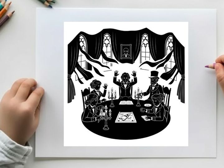 Silhouette of three people gathered around a ouija board in a dimly lit room