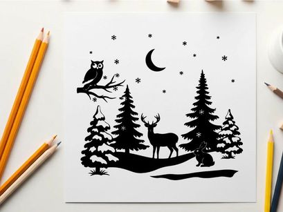 Winter forest silhouette with deer owl and rabbit under moonlight