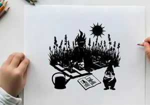 Silhouette of a person in a garden with gnome