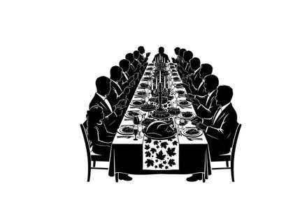 Silhouette of formal dinner party with guests seated around long table