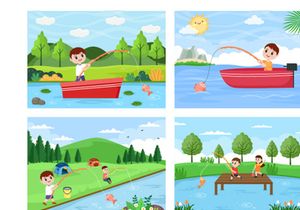20 Children Fishing Fish Vector Illustration