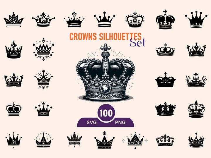 Royal Crown Silhouette, Retro King Crown Icons.