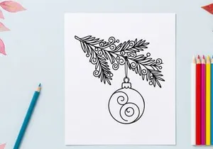 Christmas bauble hanging on a pine branch line art illustration