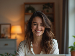 A smiling woman entrepreneur, uses a laptop, while working in her cozy home. preview picture