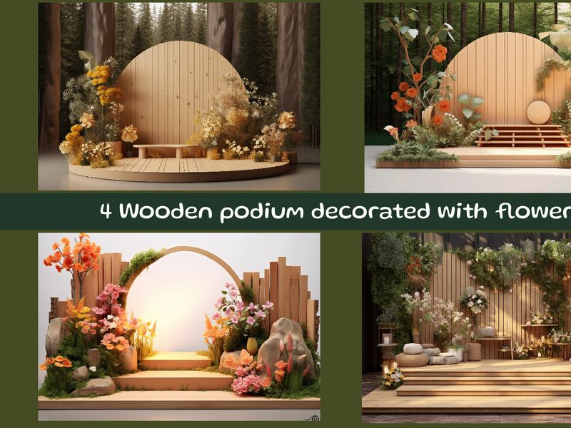 Wooden podium decorated with flowers