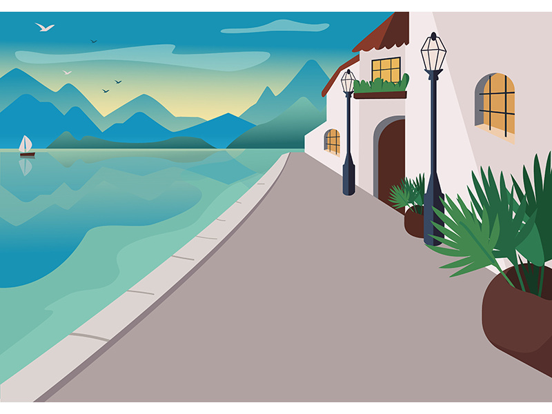 Seaside resort village flat color vector illustration