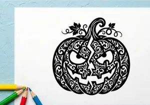 Intricate Halloween Pumpkin with Carved Face and Swirling Design
