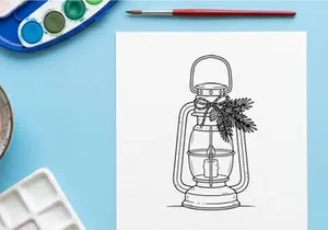 Christmas lantern line art illustration with pine branches and candle for holiday decor.