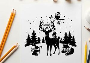 Winter forest silhouette with deer rabbit fox and owl