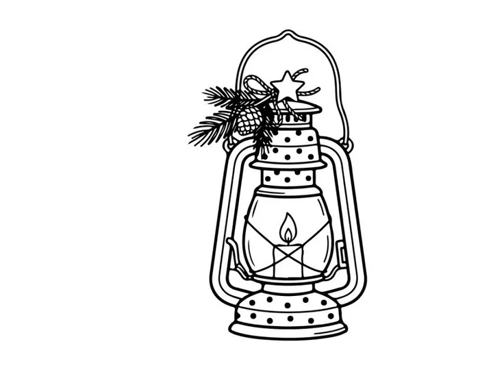 Lanterna vintage desenhada à mão com vela e pinha para decoração festiva de fim de ano