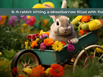 A rabbit sitting a wheelbarrow filled with flowers preview picture