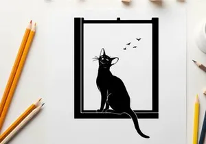 Silhouette of a cat looking out the window at birds silhouette