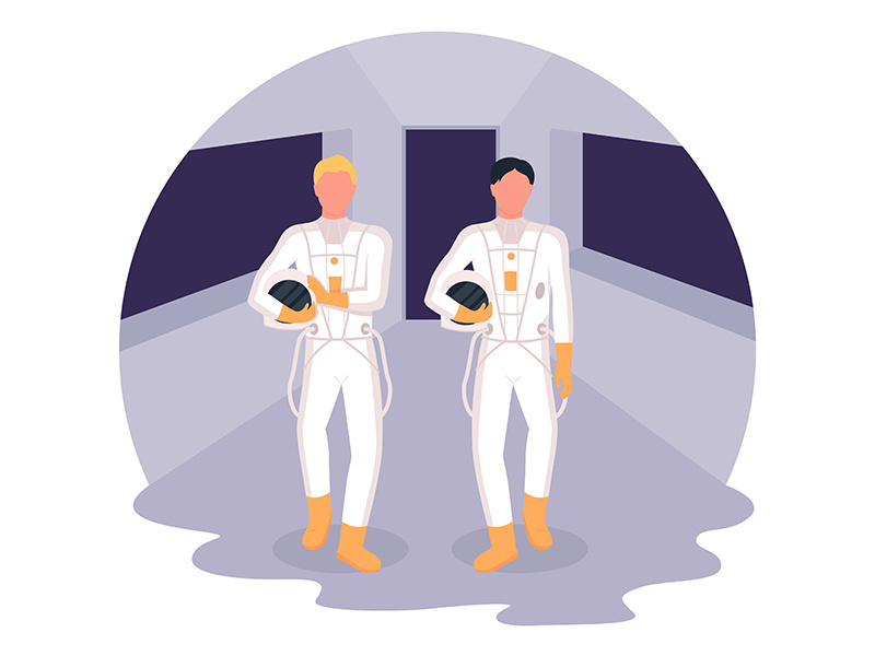 Astronauts heading to spaceship 2D vector web banner, poster