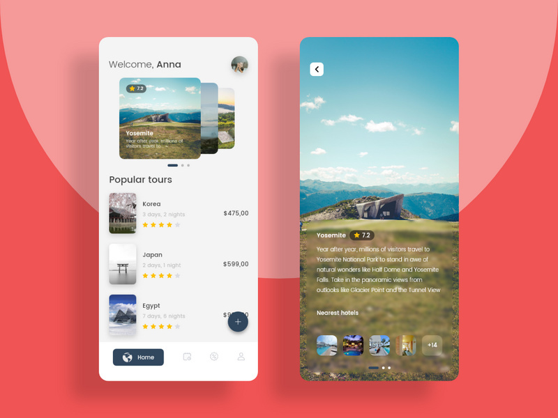 Home and Place detais screens for Traveling app