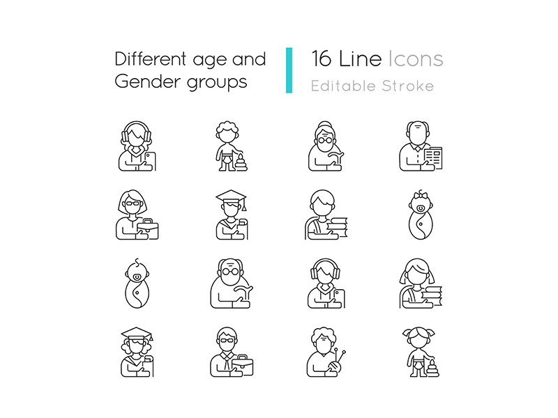 Different age and gender groups linear icons set