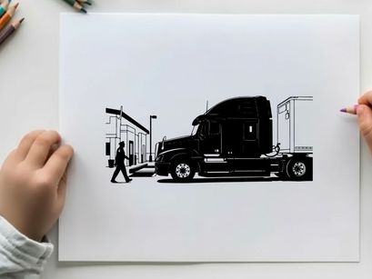 Silhouette of a semi truck parked beside a building with a pedestrian