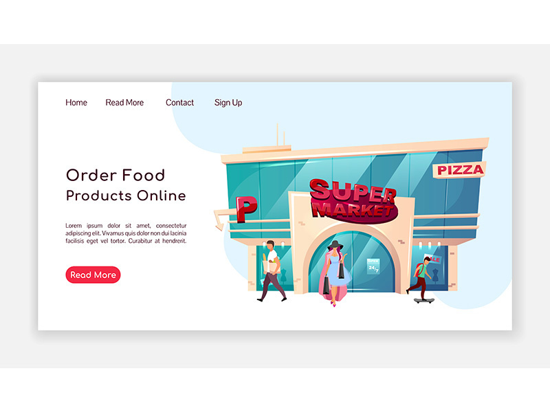 Order food products online landing page flat color vector template